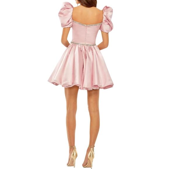 Mac Duggal Blush Pink Satin Puff Sleeve Cocktail Dress Size 8 NWT - Picture 2 of 16